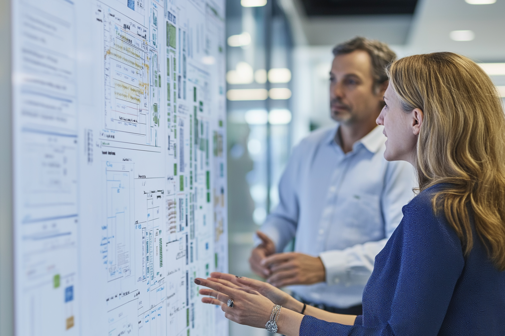 KI Praxis: Lösungen entwickeln, umsetzen Arbeitsathmosphäre, zu sehen sind zwei Personen vor einem Whiteboard mit umfangreicher Projektplanung in Industrie-Umgebung